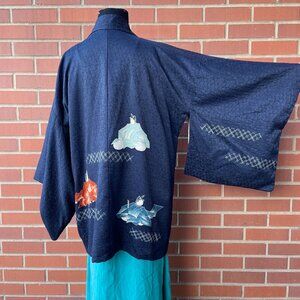 Vintage Japanese Navy Blue Silk Haori Leaf Kimono | Size S-L
